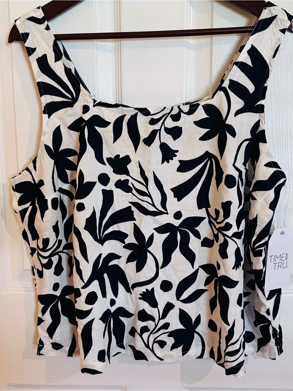 Time And Tru Viscose Linen Tank Top Navy Blue White Button Back Square Neck 2XL